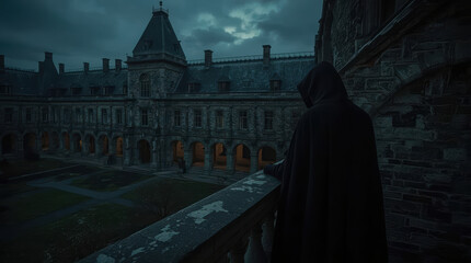 Fototapeta premium Dark historical castle courtyard with hooded figure under stormy sky