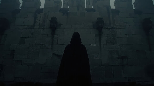 Dark executioner silhouette against stone wall in dim medieval fortress atmosphere