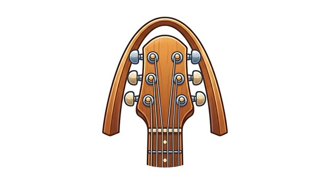 Guitar headstock made of wood with tuning pegs is displayed on a white background.