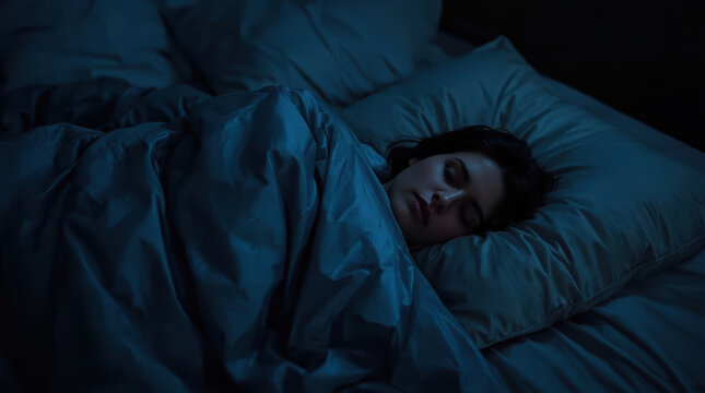 Deep sleep adult resting in dark blue bedding with peaceful expression