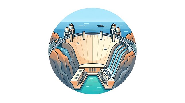 Hydroelectric dam generating clean energy is depicted in a circular vector illustration.