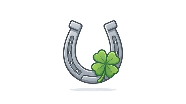 Horseshoe made of grey metal features a small green four-leaf clover on its side on a white background.