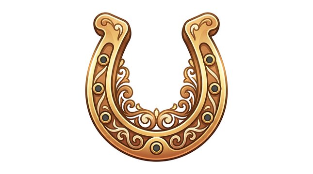 Horseshoe with ornate filigree details rendered in a golden metallic vector illustration style.