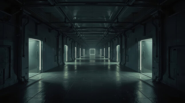 Dimensional mystery corridor with glowing doorway and reflective floor