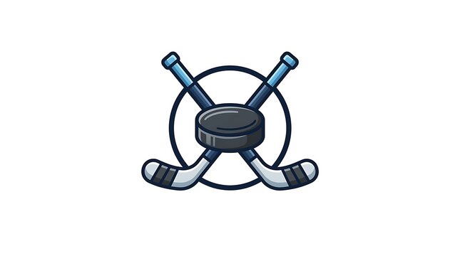 Hockey sticks crossed behind a black puck inside a circular ring forming a sports team emblem.