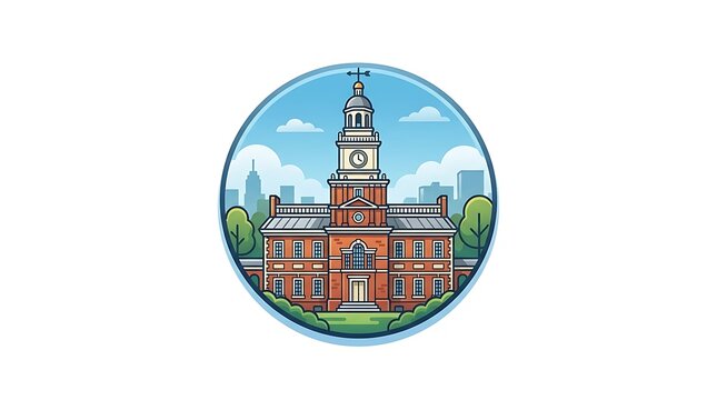 Historic brick university building features a prominent clock tower surrounded by green trees under a clear blue sky.