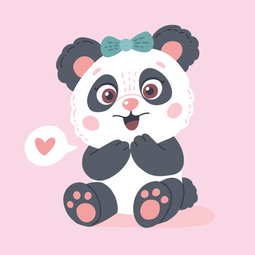 Cute panda character. Playful girl illustration with a bow and heart, children vector poster
