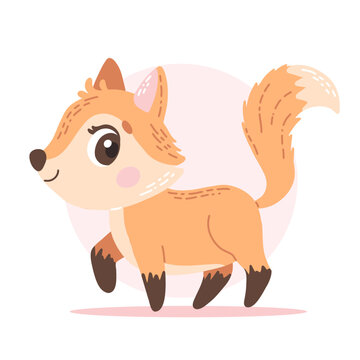 Cute funny fox illustration standing a fluffy tail. Hand drawn vector children character