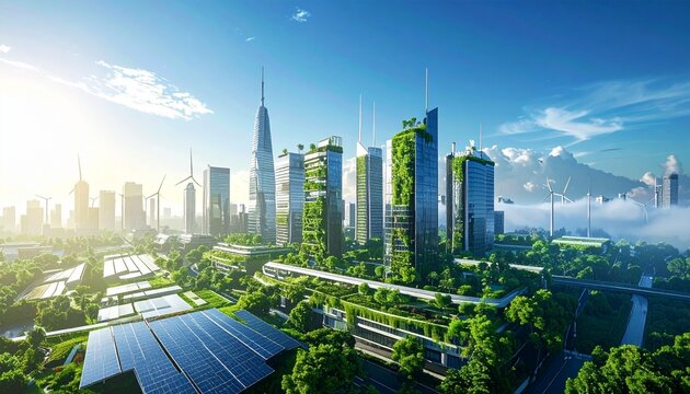 Futuristic eco-friendly city skyline with green buildings and solar energy sustainable city renewable energy urban planning