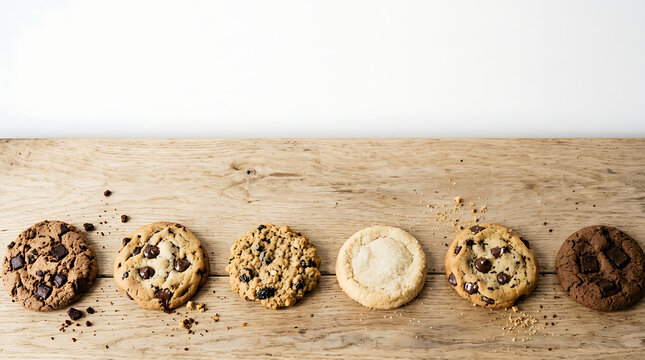 Assorted freshly baked cookies in a row on a rustic wooden table including chocolate chip oatmeal and sugar cookie