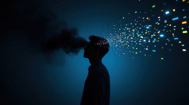 Emotional detachment concept featuring anonymous adult silhouette and digital particle dispersal