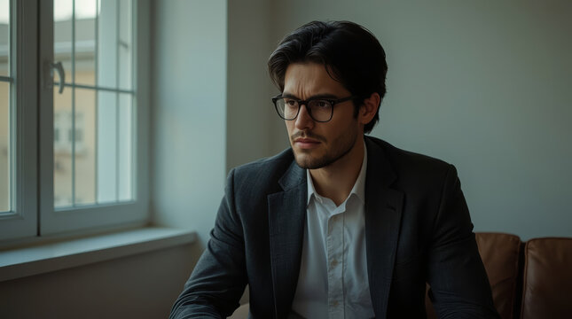 Emotional maturity thoughtful adult man reflecting indoors