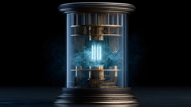A glowing quantum computer processor encased in a cylindrical glass chamber with swirling vapor. Symbolizes futuristic artificial intelligence and advanced computational.