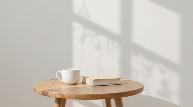 Wooden table with coffee cup and book in soft morning sunlight
