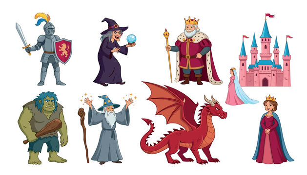 Fairytale and fantasy cartoon character vector set with dragon castle king queen witch wizard and knight isolated