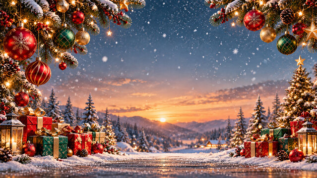 Elegant Red Green and Gold Christmas 3D Background with Snowy Decorations