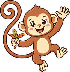Obraz premium Cute cartoon monkey waving its hand happily while holding a colorful feather in its playful paw