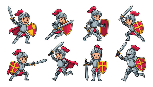 Medieval knight cartoon vector set with cute boy warrior characters in armor holding swords isolated on white