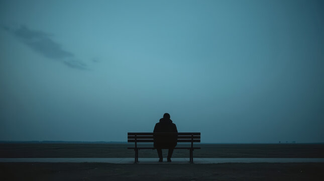 Existential loneliness anonymous person sitting on bench beside sea