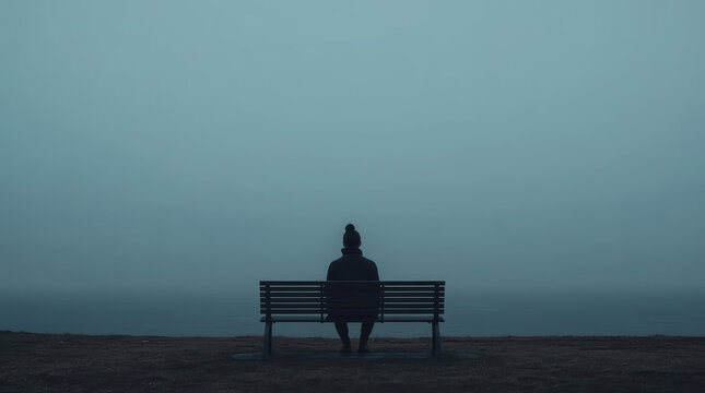 Lonely person sitting on bench beside foggy sea under blue light
