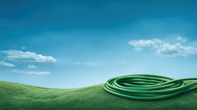 Green Hose Laid Across Lush Green Lawn, Photorealistic