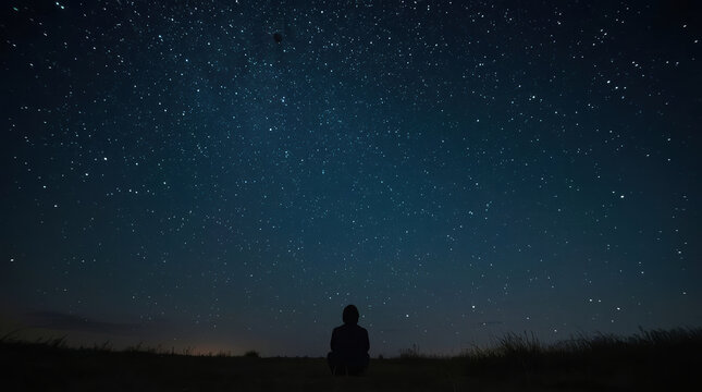 Silhouette person under starry night sky contemplating existence
