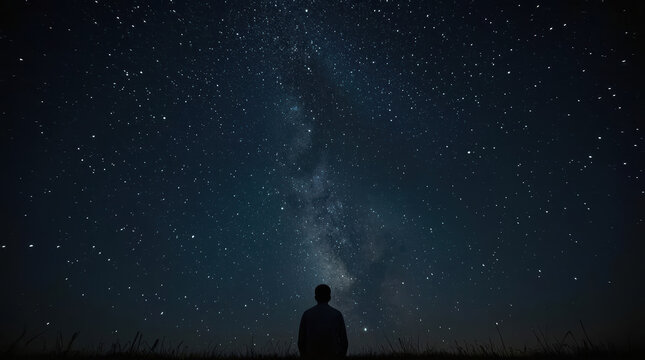 Person silhouette starry sky night landscape existential question under stars
