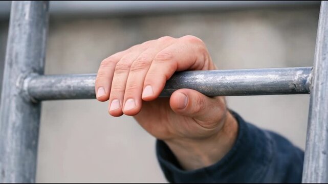 A person gripping a metal bar in their hand