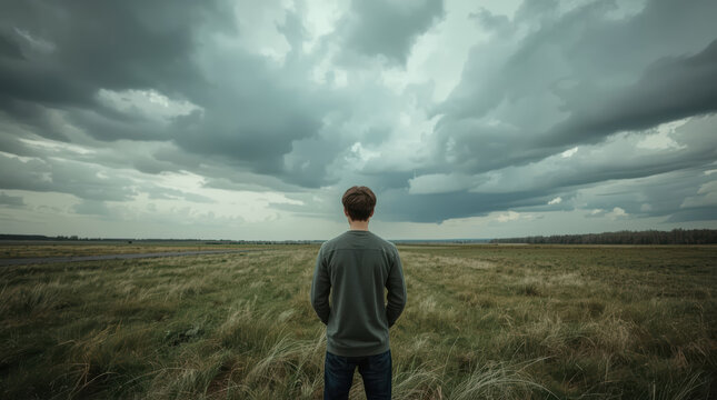 Facing uncertainty, young man standing in open grassland beneath storm cloud