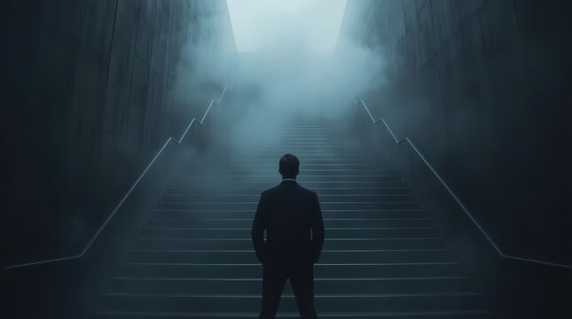 Dark stairway silhouette, foggy light, and uncertain ascent evoke fear of failure and ambition