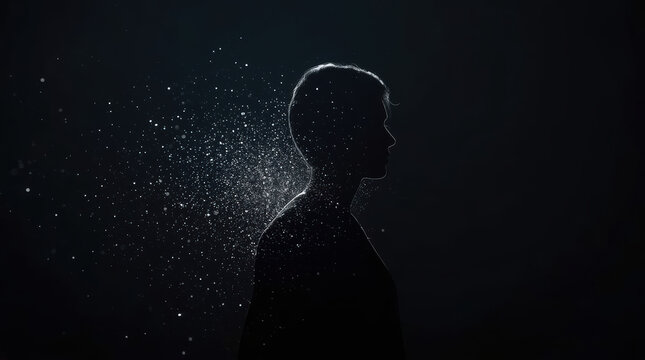 Silhouette profile fading form with illuminated particles in darkness