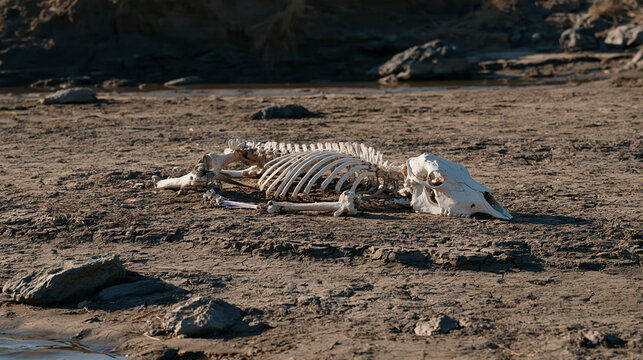 Bleached bones of large animal resting in dried river channel with cracked mud, megadrought livestock death water scarcity symbol pastoral collapse climate mortality visceral