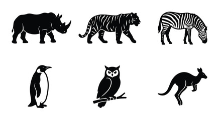Fototapeta premium Diverse Wildlife Silhouettes: Rhinoceros, Tiger, Zebra, Penguin, Owl, Kangaroo Icons