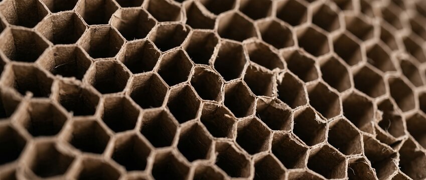 Honeycomb cardboard core structure texture. Brown paper packaging material with hexagonal cells