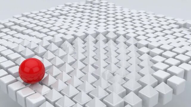 Single red sphere on a grid of white cubes.