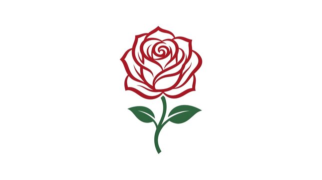 Minimalist red rose vector illustration with green stem and leaves isolated on a white background