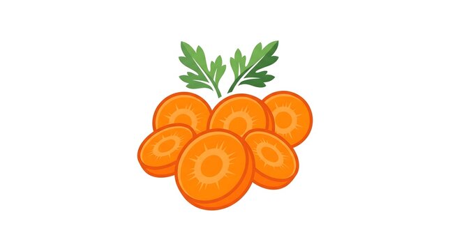 A vector illustration of fresh orange carrot slices stacked together with green parsley leaves on top, isolated on a white background