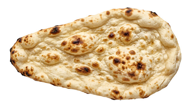 Close up of a freshly baked piece of Indian naan bread, a traditional flatbread cooked in a tandoor oven, with subtle char marks