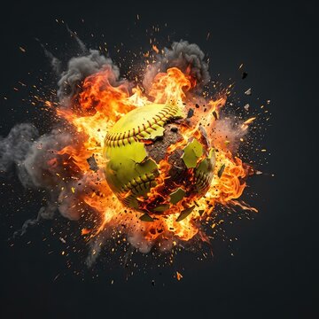 A dramatic, high-speed photograph capturing a softball exploding violently in mid-air, engulfing the ball in vibrant flames, debris, and thick smoke, force, competition, debris