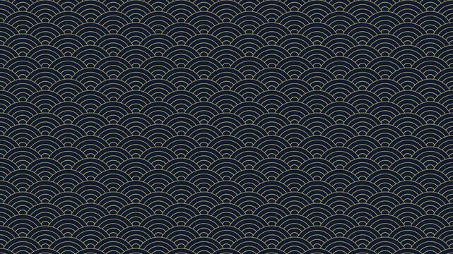 Seigaiha Japanese wave pattern seamless loop, gold lines on dark navy background slowly drifting, 4K traditional motion graphic background