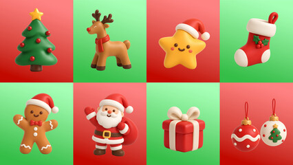 Naklejka premium Cute 3D Christmas Icons with Santa, Reindeer and Holiday Decorations