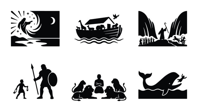 Biblical Scenes Vector Icons Set: Noah's Ark, Moses, David, Daniel, Jonah, Creation