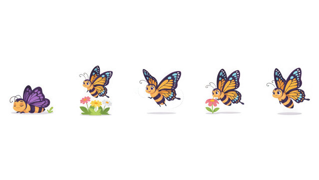 Set of cute cartoon hybrid butterfly bee characters in various poses with flowers transparent background