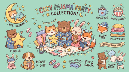 Fototapeta premium Cozy Pajama Party Collection with Cute Animals and Sleepover Elements
