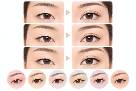 Flat vector face icon set of Asian woman eye shapes, monolid to double eyelid transformation diversity chart