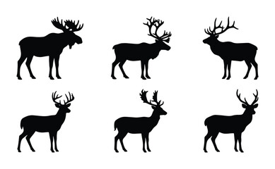Fototapeta premium Six Silhouette Deer and Moose Vector Icons, Wildlife Animal Graphics, Forest Fauna Collection
