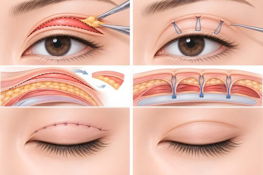 Incisional vs non incisional blepharoplasty methods comparison vector illustration, double eyelid suture techniques diptych