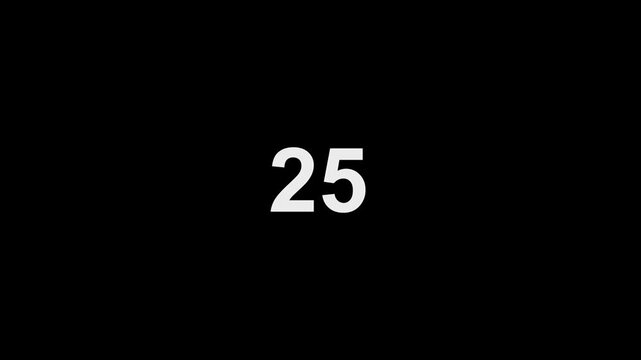Countdown timer animation with white bold numbers on black background, for editing, motion, and broadcast production