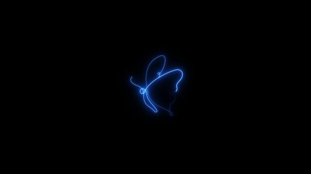 Glowing blue butterfly outline formed by digital light particles representing a neon insect silhouette against a dark black background