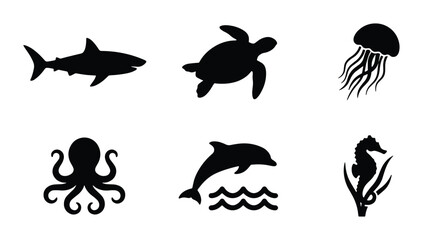 Fototapeta premium Oceanic Wildlife Silhouettes: Shark, Turtle, Jellyfish, Octopus, Dolphin, Seahorse Icons